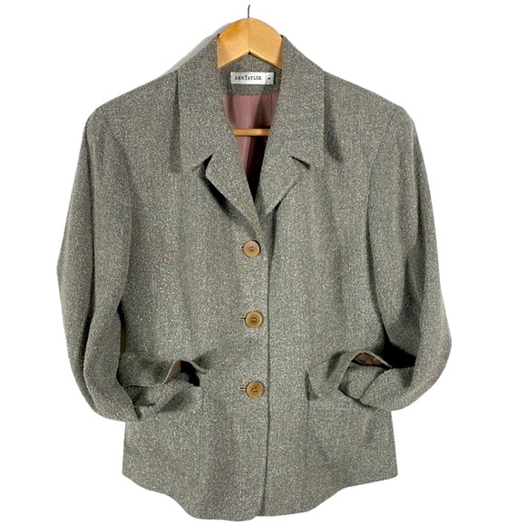 ANN TAYLOR Blazer Jacket Outerwear Size 4 Vintage 90 Tan Tweed Wool Blend Career - Picture 1 of 3